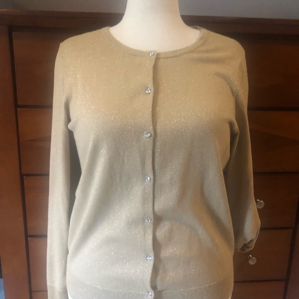 LOFT Shimmer Button-Front Crewneck Cardigan - Gold